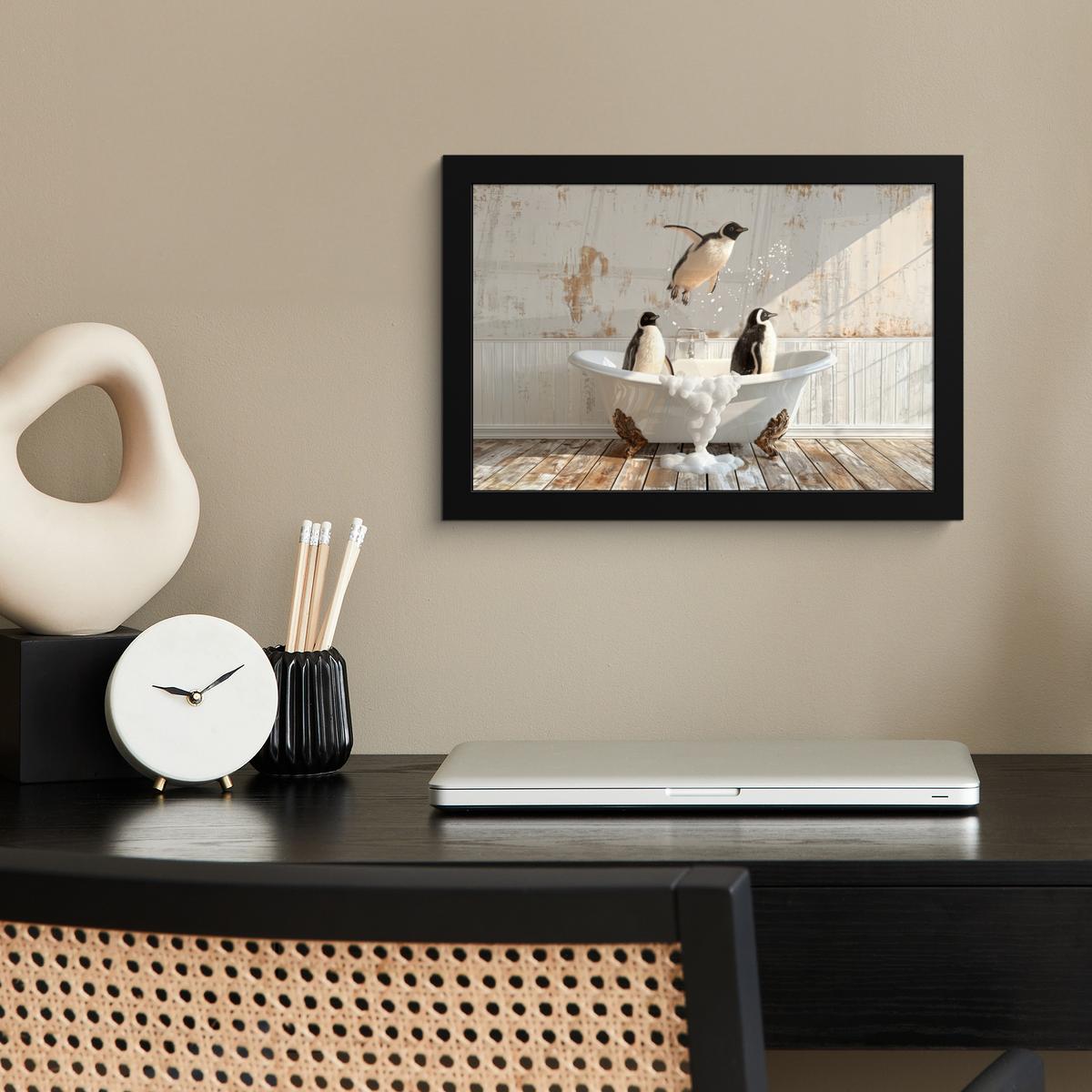 POSTER MIT RAHMENGERAHMTES BILD Vintage - Pinguin - Badewanne - Schaumstoff 30x20 cm - Schwarz, Papier (30/20cm) - MuchoWow