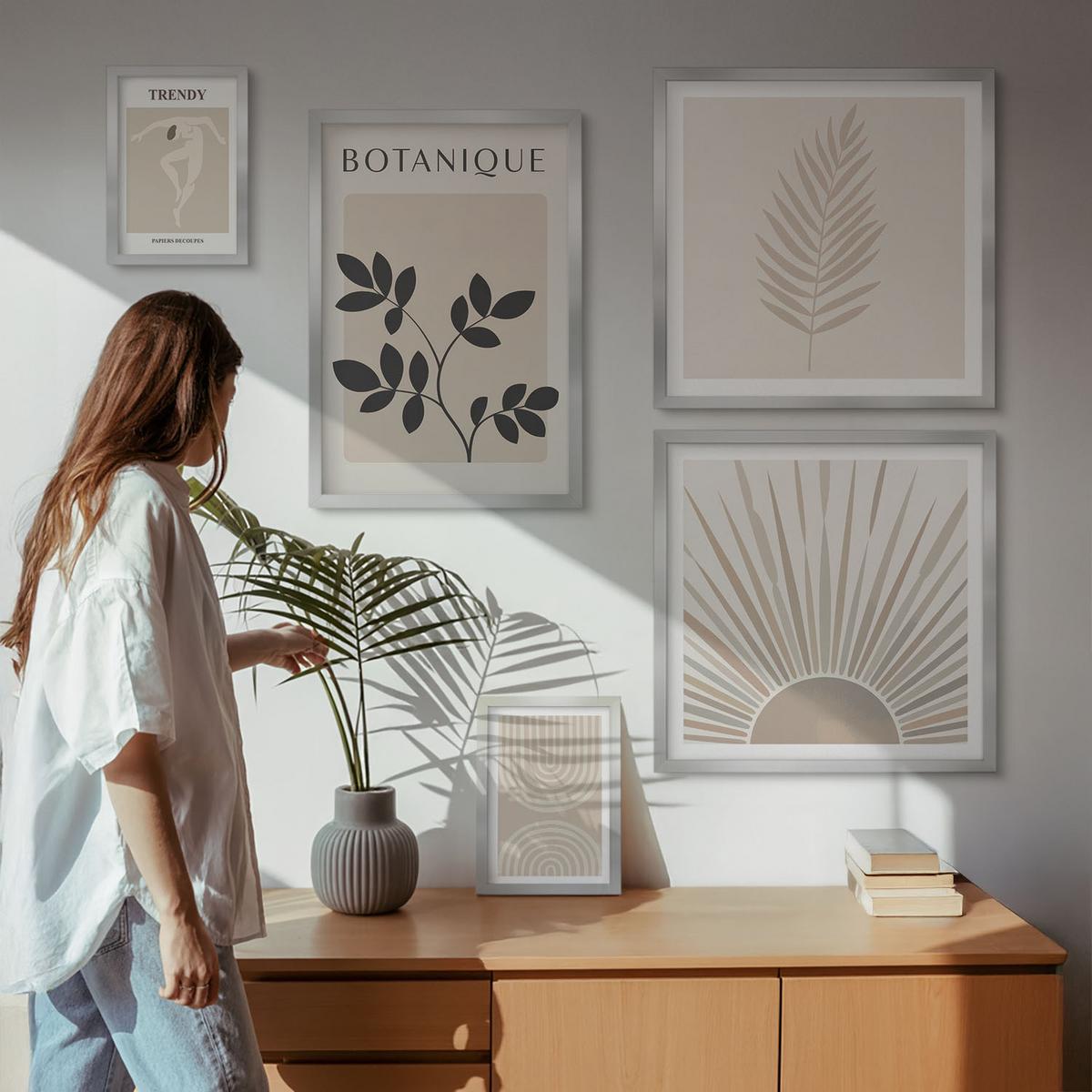 BILDER SET 5er Set - 50x50 cm & 20x30 cm & 40x60 cm Silberner Rahmen - Abstrakte Poster im Boho-Stil in Pastellfarben - Silberfarben, Kunststoff (40/60cm) - TULUP