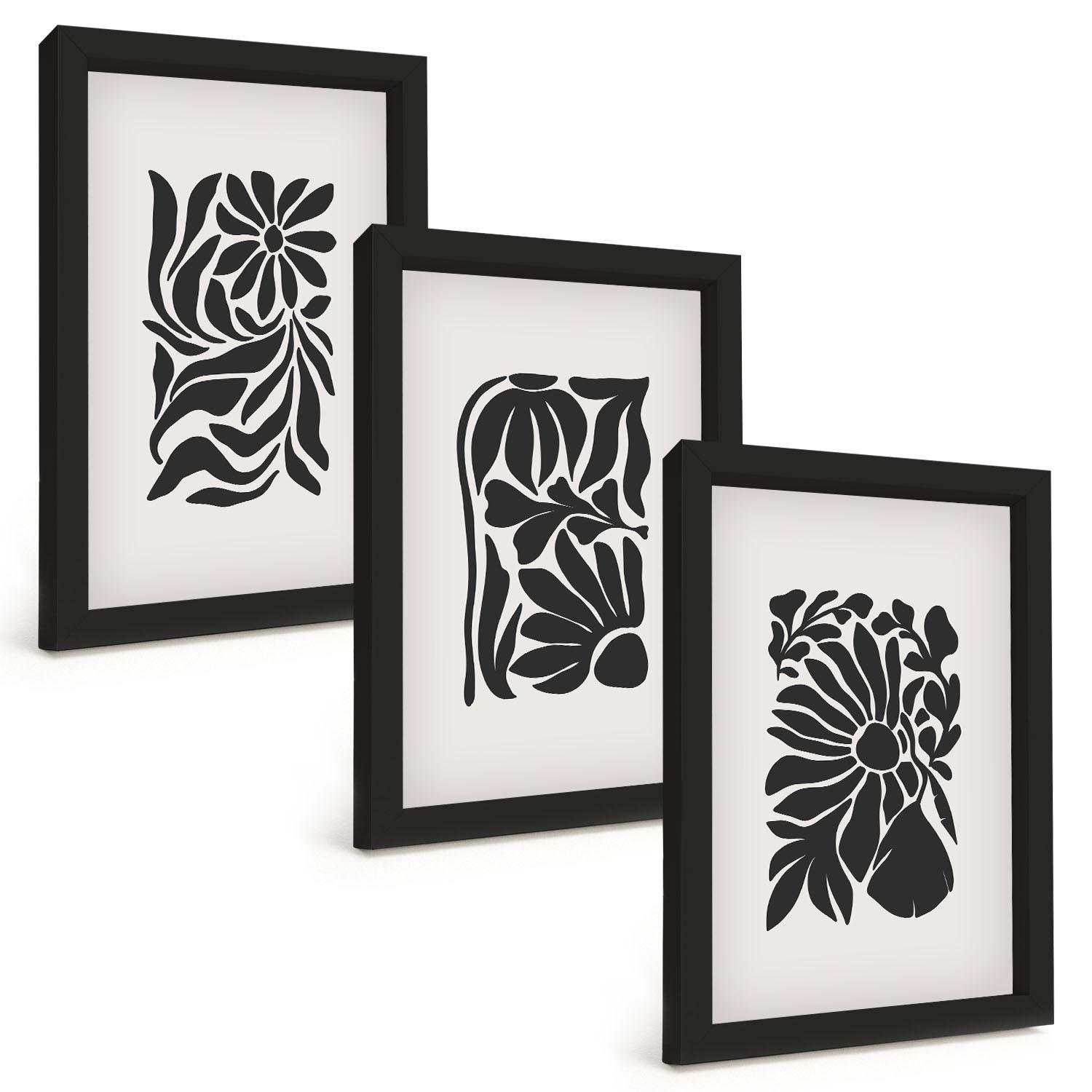 BILDER SET 3er Set - 20x30 cm Schwarzer Rahmen - Abstrakte Pflanzenmuster - Schwarz, Kunststoff (20/30cm) - TULUP