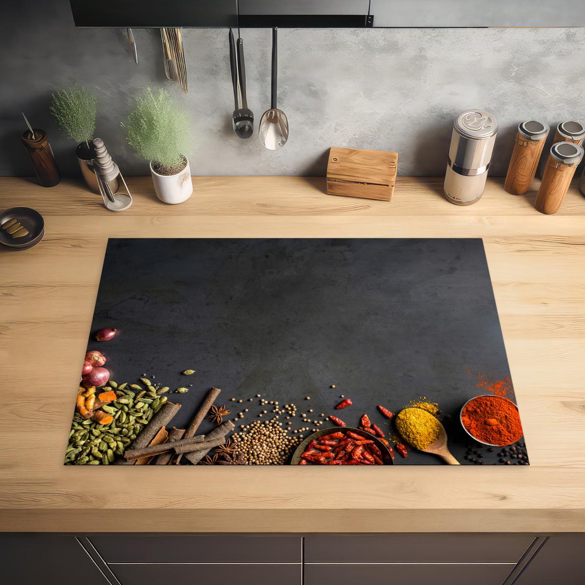 HERDABDECKPLATTE Kräuter - Lebensmittel - Gewürze - Schwarz - Paprika - Zimt Herdabdeckung Induktionsfeld 75x52 cm - Currygelb, Kunststoff (75/52/0.2cm) - MuchoWow