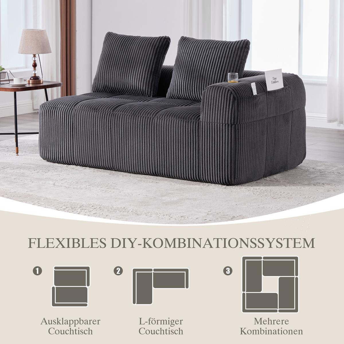 CHAISELONGUE in Cord Übergroßer Relaxsessel mit Seitentaschen - Dunkelgrau, Textil (158/61/93cm) - Urban Meuble