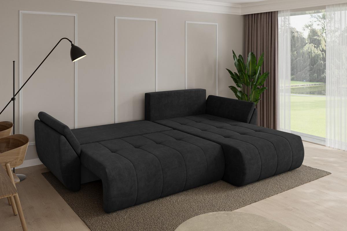 ECKSOFA mit Schlaffunktion Ottomane Rechts TOKO-L 277x194x86 Schwarz Velours - Schwarz, Holzwerkstoff/Kunststoff (277/194cm) - ALTDECOR