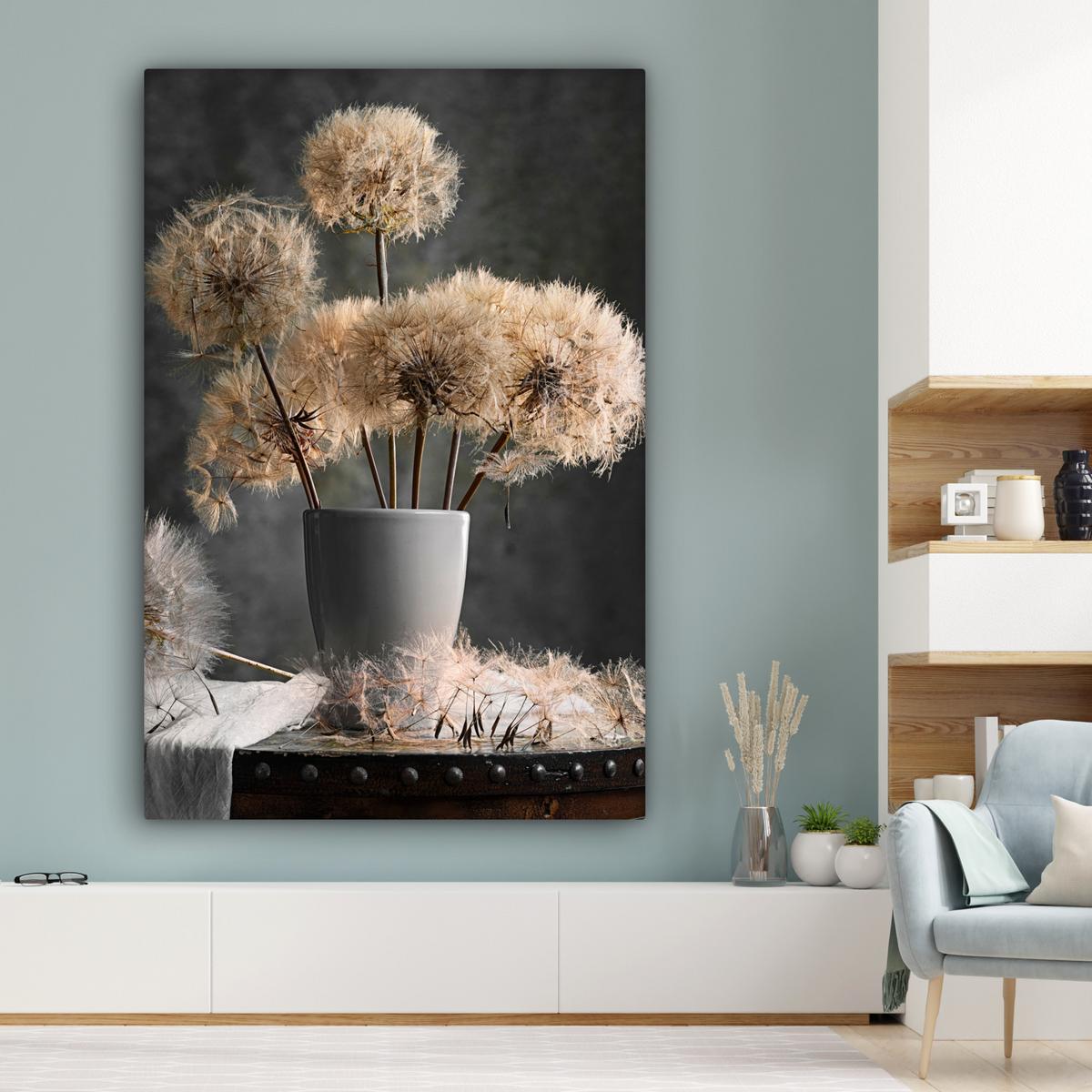 LEINWANDBILD Blumensamen - Löwenzahn - Vase - Stilleben - Blumenstrauß Deko Groß 90x140 cm - Dunkelgrau, Textil (90/140cm) - MuchoWow