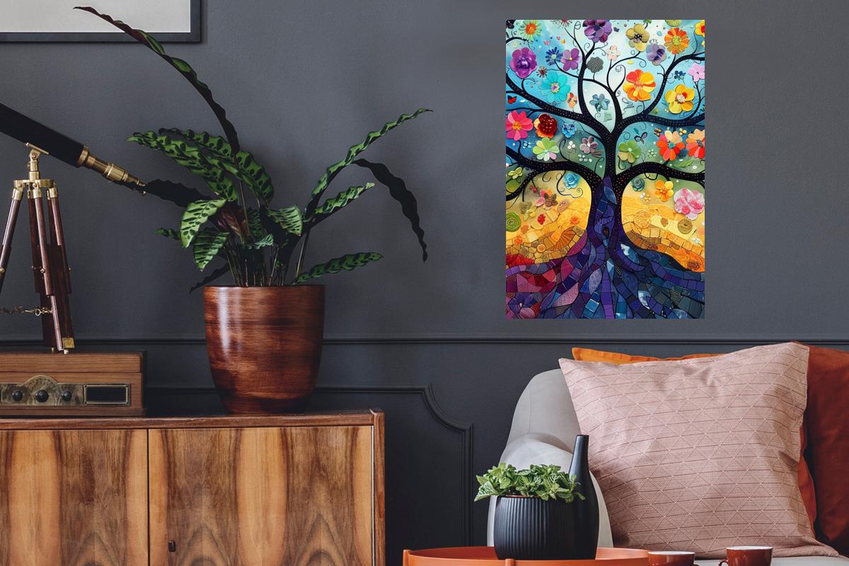 WANDTATTOO Kunst - Baum des Lebens - Blumen - Hippie Wandbild 40x60 cm - Dunkelblau, Kunststoff (40/60/0.1cm) - MuchoWow