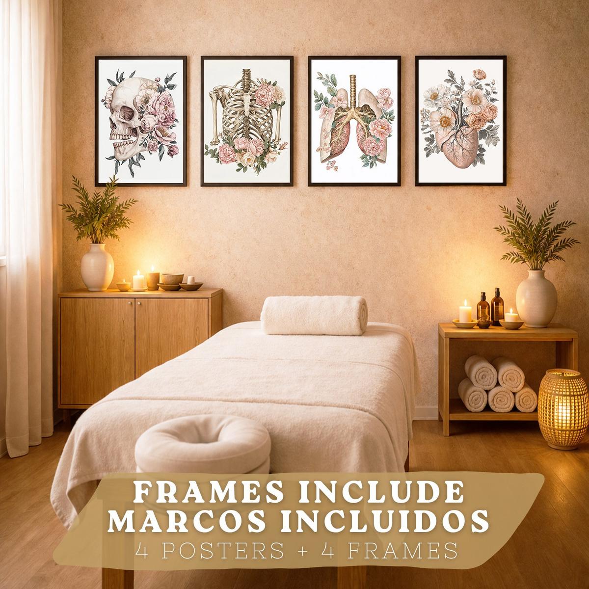 POSTER Set aus 4 Anatomie Mensch Florale Drucke und mit Schädel Herz Lungen und Skelett Botanische Aquarell dekoration Größe Schwarzer Rahmen A4 - Schwarz, Papier (21/29.7/3cm) - Nacnic