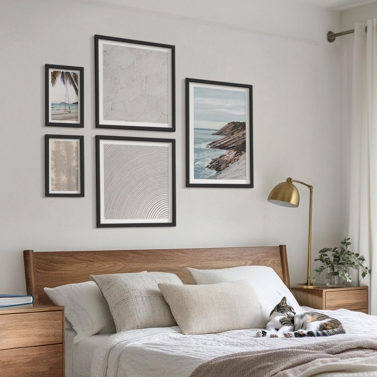 BILDER SET 5er Set - 50x50 cm & 20x30 cm & 40x60 cm Schwarzer Rahmen - Sommerlicher Sandstrand mit Meerblick - Schwarz, Kunststoff (40/60cm) - TULUP