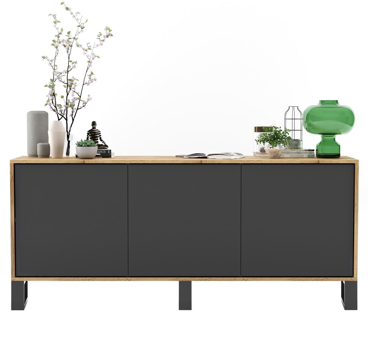 KOMMODE Apollo 3D Eiche wotan Graphit Matt 168/72/35 cm - Graphitfarben/Schwarz, Holzwerkstoff/Metall (168/72/35cm) - Meble Lindner