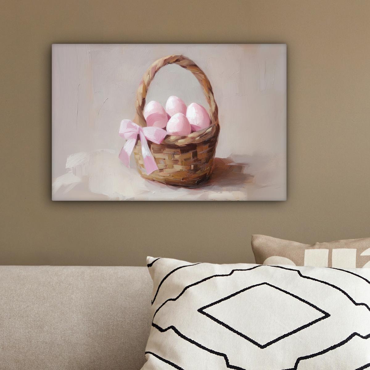 LEINWANDBILD Korb - Eier - Rosa Deko Schlafzimmer 30x20 cm - Beige, Textil (30/20cm) - MuchoWow