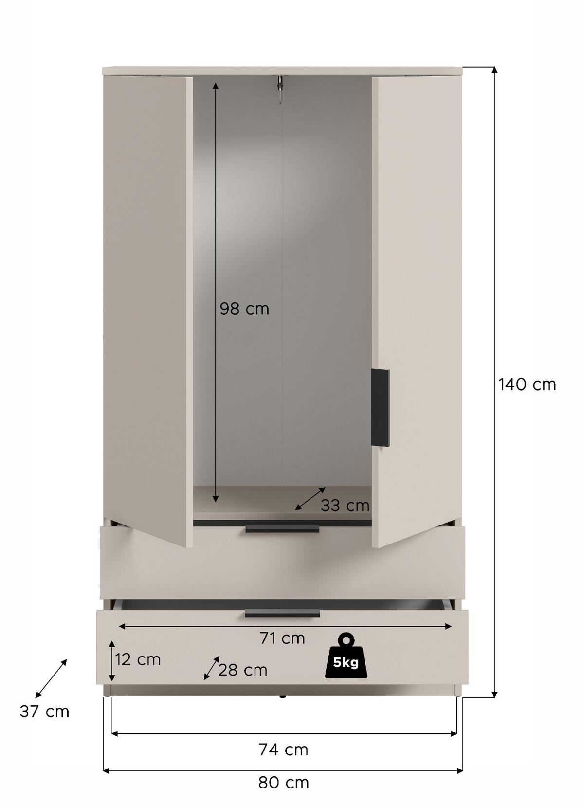 KLEIDERSCHRANK kaschmir 80 x 140 cm, Wäscheschrank 2-türig - Kaschmir/Schwarz, Holzwerkstoff/Kunststoff (80/140/37cm) - Inn.Furn