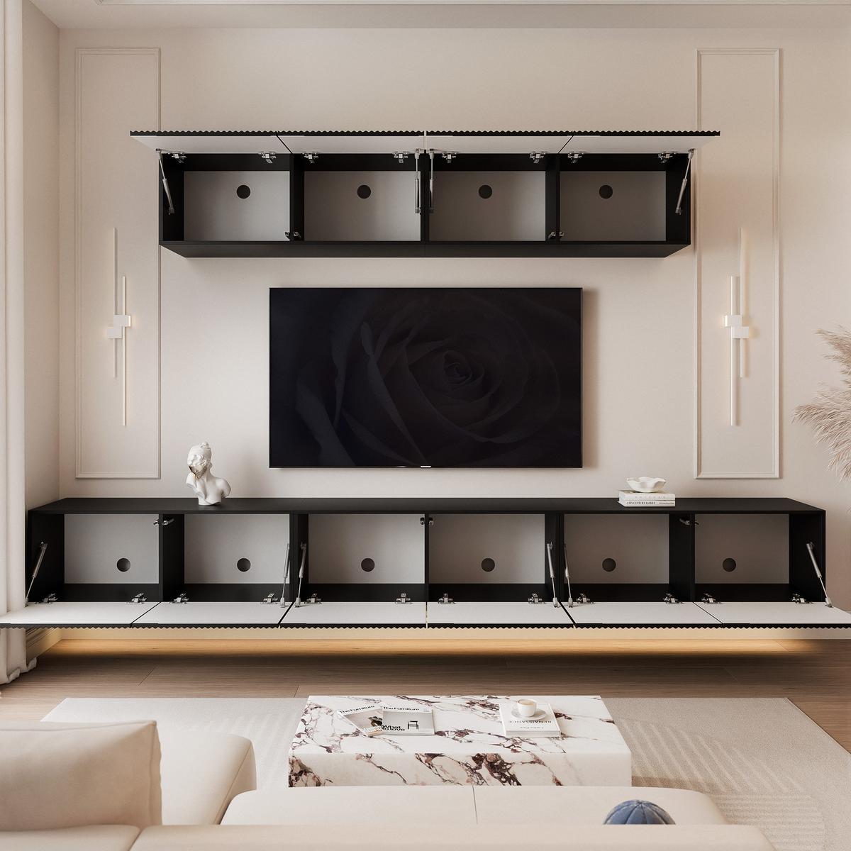 WOHNWAND ANGEL IV Schwarz hängend mit LED-Beleuchtung 300 cm - Schwarz, Holzwerkstoff (300/36/40cm) - Idohome
