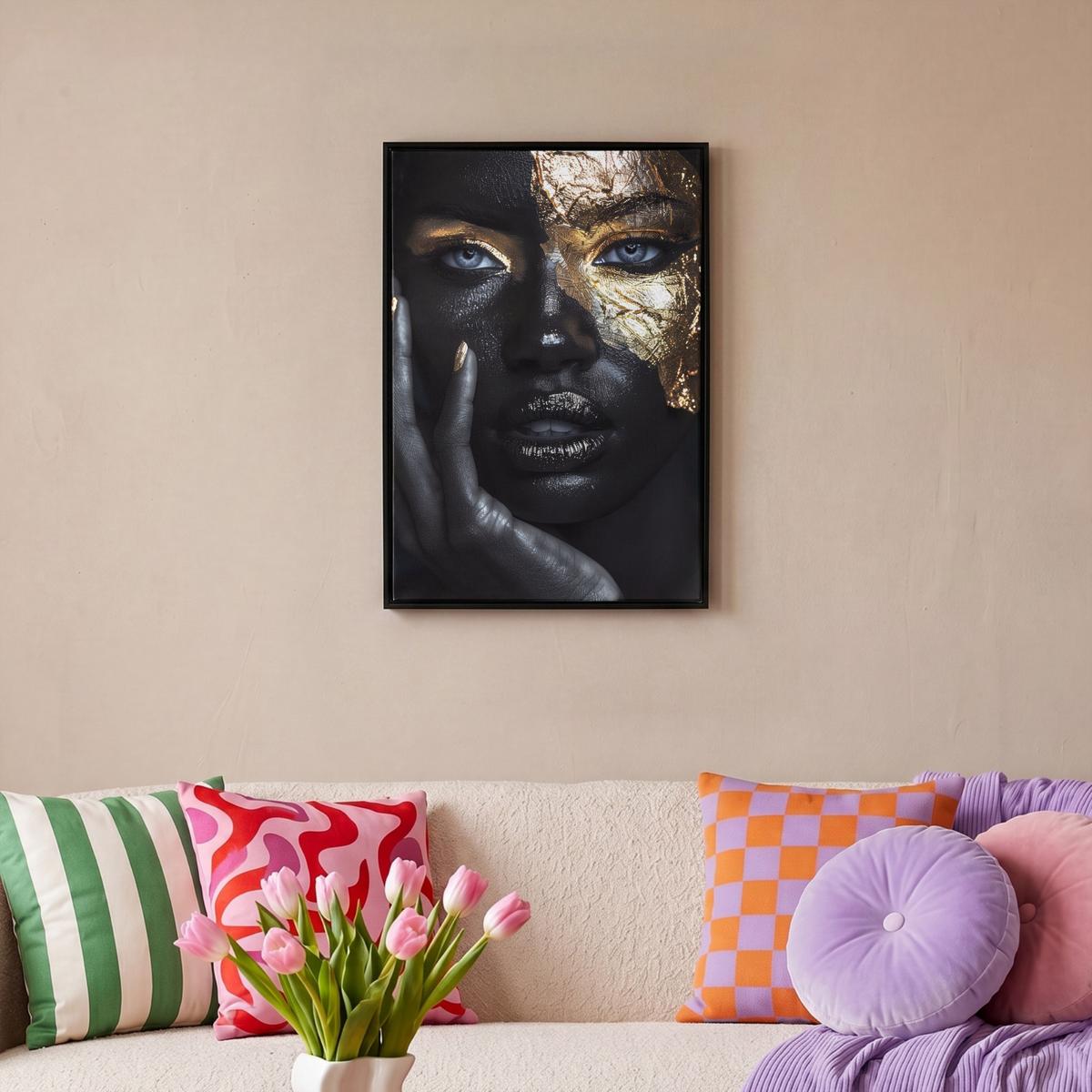 LEINWAND Bilder mit Rahmen - Frau - Gold - Porträt - Schwarz-Weiß - Luxus - 40x60 - Hellblau, Textil (40/60cm) - MuchoWow