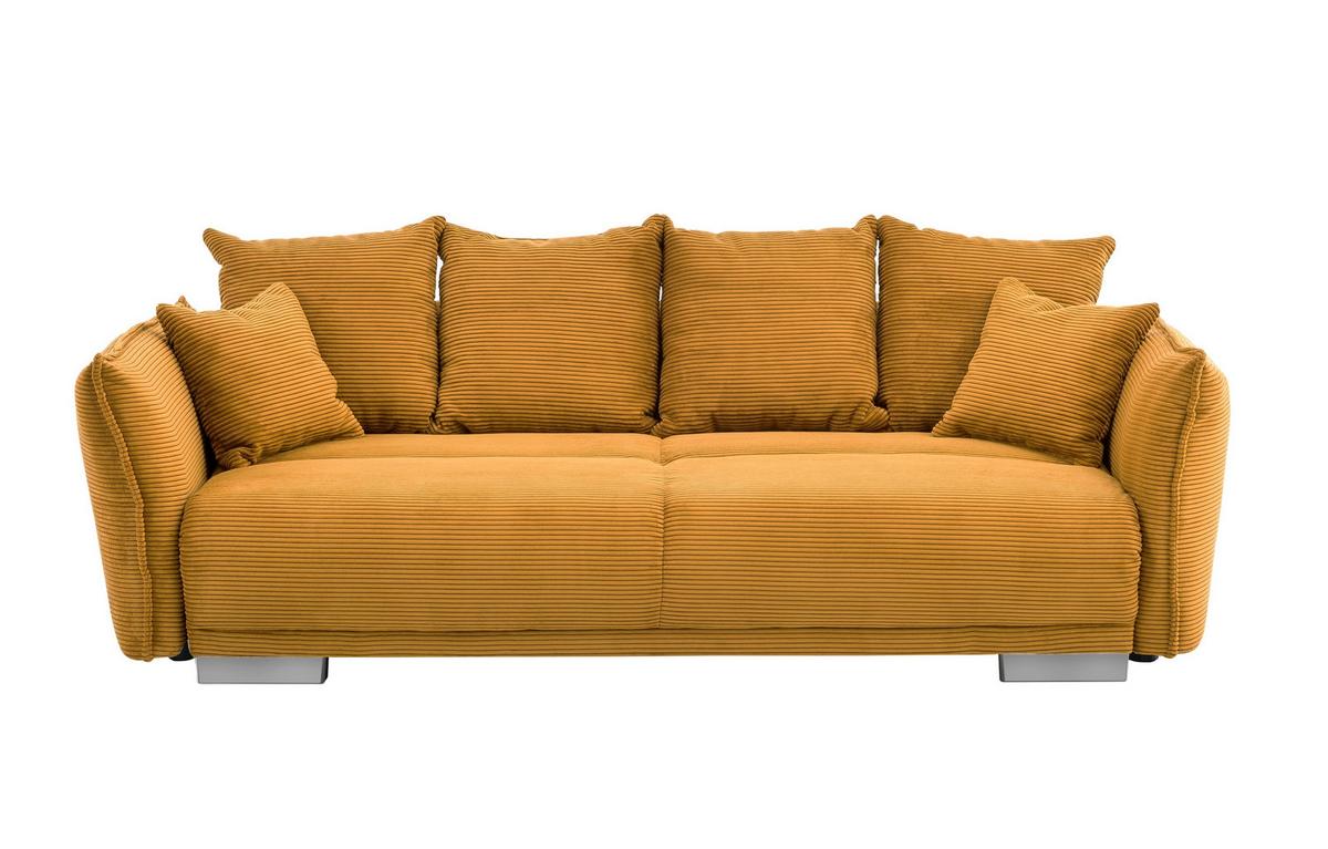 BIG-SOFA mit Schlaffunktion, Bettkasten, Federkern, Armlehnen verstellbar B242/T131/H90 cm, Liegefläche 168x199 cm, Cord Gold Ockergelb / 17213 - Chromfarben/Goldfarben, Kunststoff/Textil (242/90/131cm) - luma-home