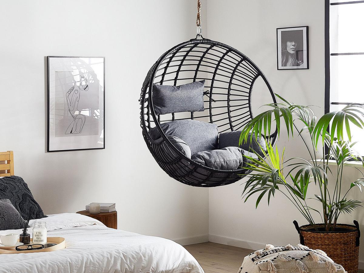 HÄNGESESSEL PE Rattan schwarz/grau mit Sitzkissen 99 cm Aspio - Schwarz/Grau, Kunststoff (99/99/65cm) - Beliani