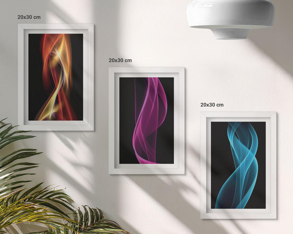 BILDER SET 3er Set - 20x30 cm Weißer Rahmen - Neonwellenlinien auf dunklem Hintergrund - Weiß, Kunststoff (20/30cm) - TULUP