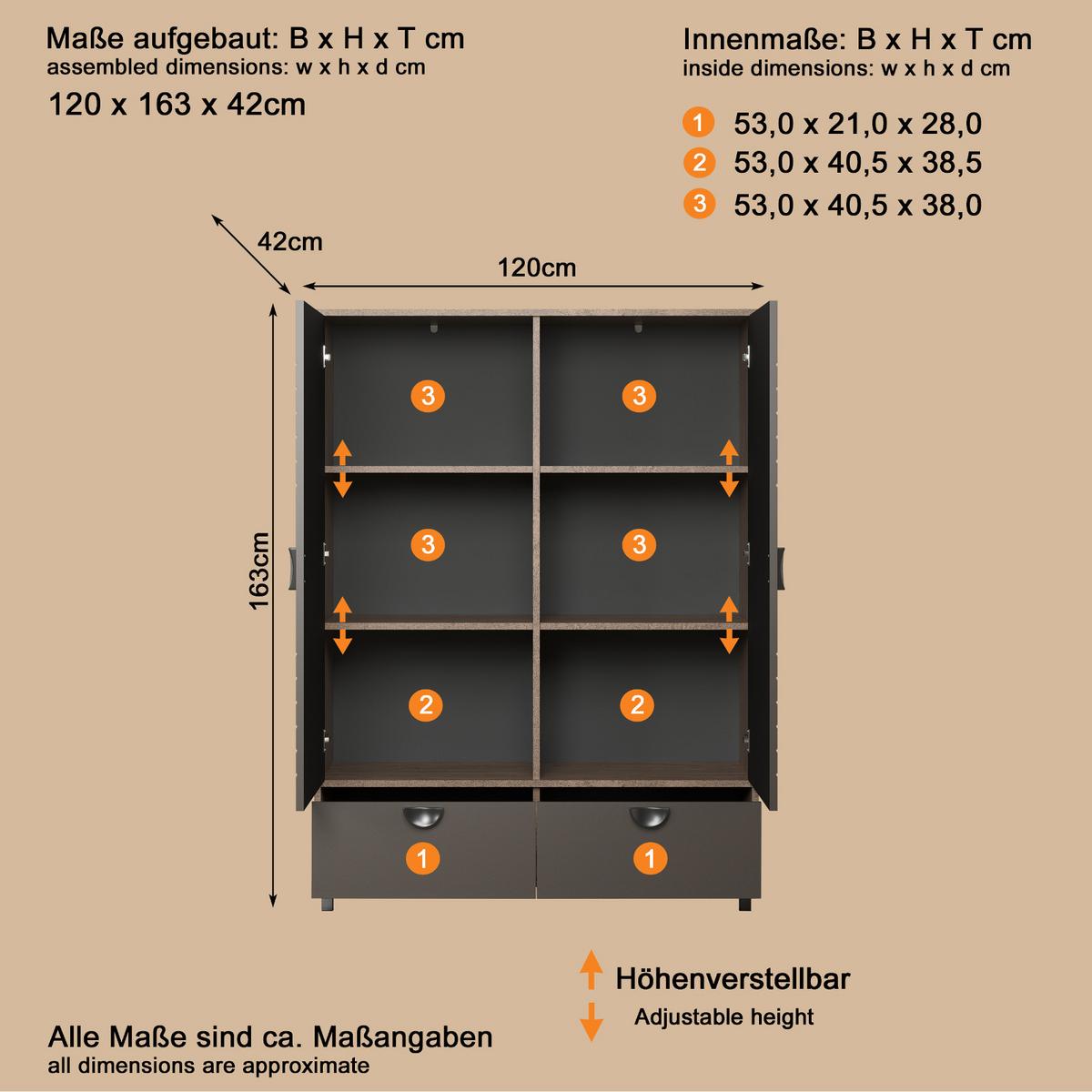 HIGHBOARD Bronze und Rostoptik 120 x 163 cm, Kommode mit Soft-Close - Rostfarben/Schwarz, Holzwerkstoff/Metall (120/163/42cm) - Top.Furn