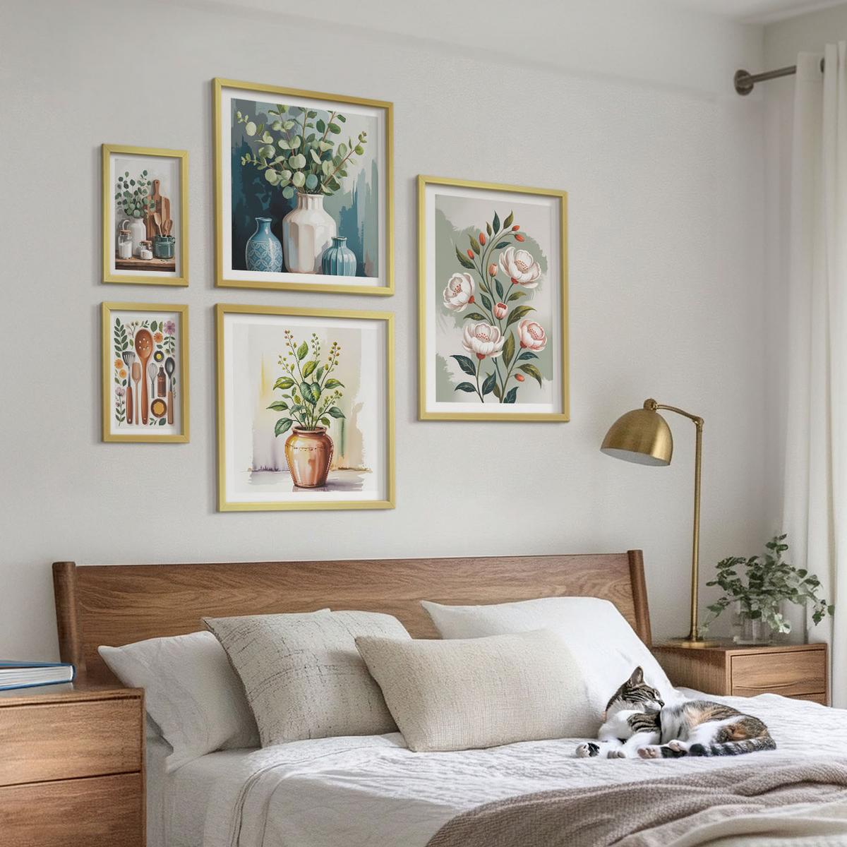 BILDER SET 5er Set - 50x50 cm & 20x30 cm & 40x60 cm Goldrahmen - Blumen und Früchte in Vasen - Goldfarben, Kunststoff (40/60cm) - TULUP