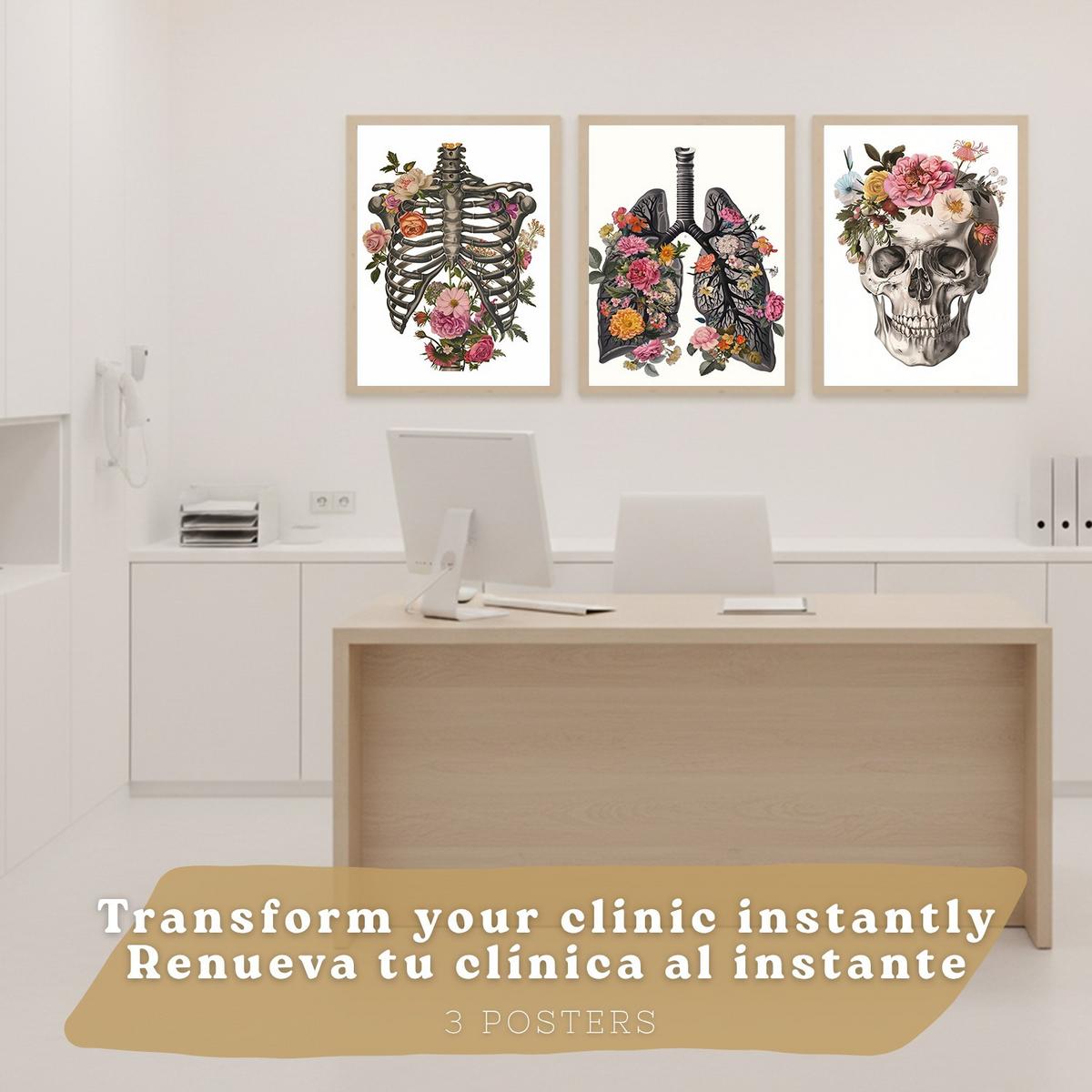 POSTER Set aus 3 Anatomie Mensch Drucke und mit Lungen Luftröhre Bronchien Rippen Wirbelsäule und Schädel Modernes Florales Leichter Holzrahmen A4 - Beige, Papier (21/29.7/3cm) - Nacnic