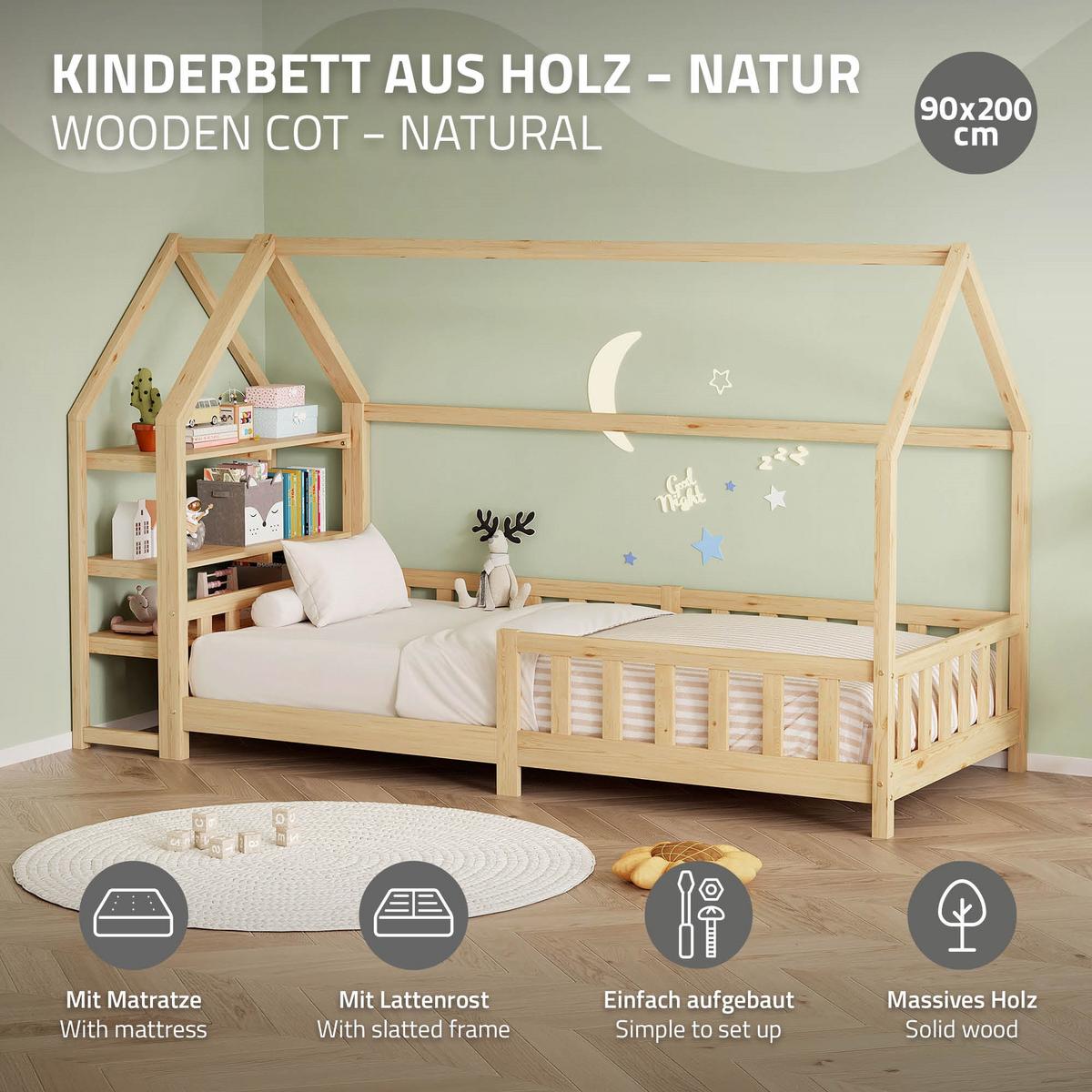 KINDERBETT 90x200 cm mit Matratze & Regal Natur aus Kiefernholz - Naturfarben, Holz (90/200cm) - ML-DESIGN