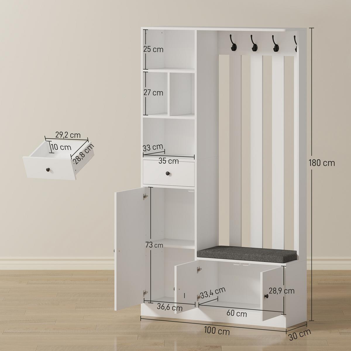 GARDEROBENSCHRANK mit Sitzbank Schuhschrank 4 Haken Weiß - Weiß/Grau, Holzwerkstoff (30/180/100cm) - HOMCOM