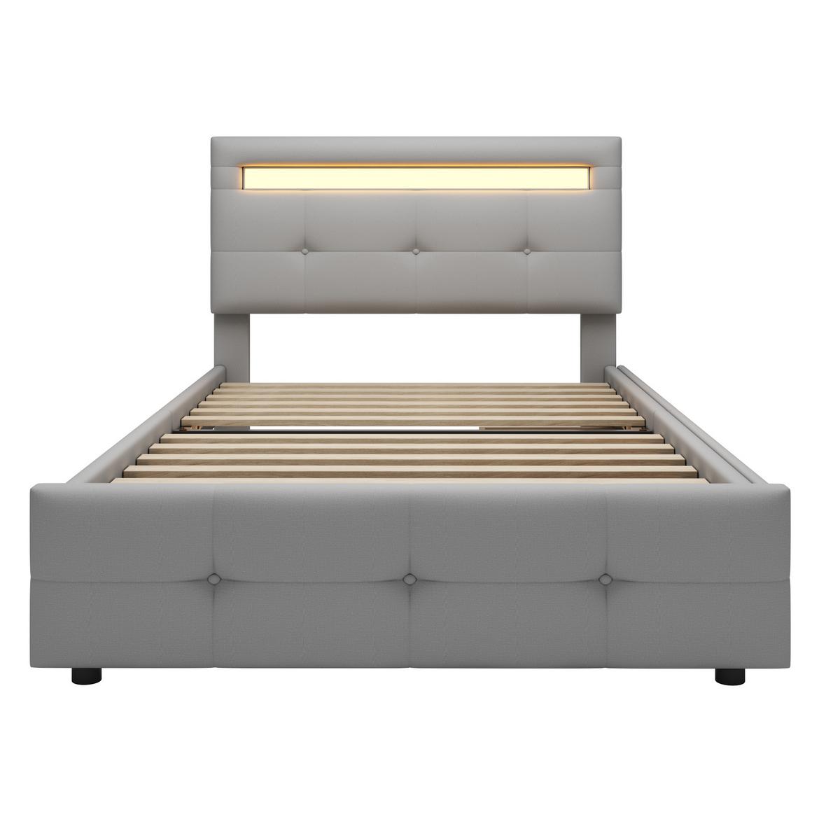 POLSTERBETT 90x200 cm in Leinen-Optik Grau mit LED-Beleuchtung & 2 Schubladen - Grau, Textil (90/200cm) - Urban Meuble