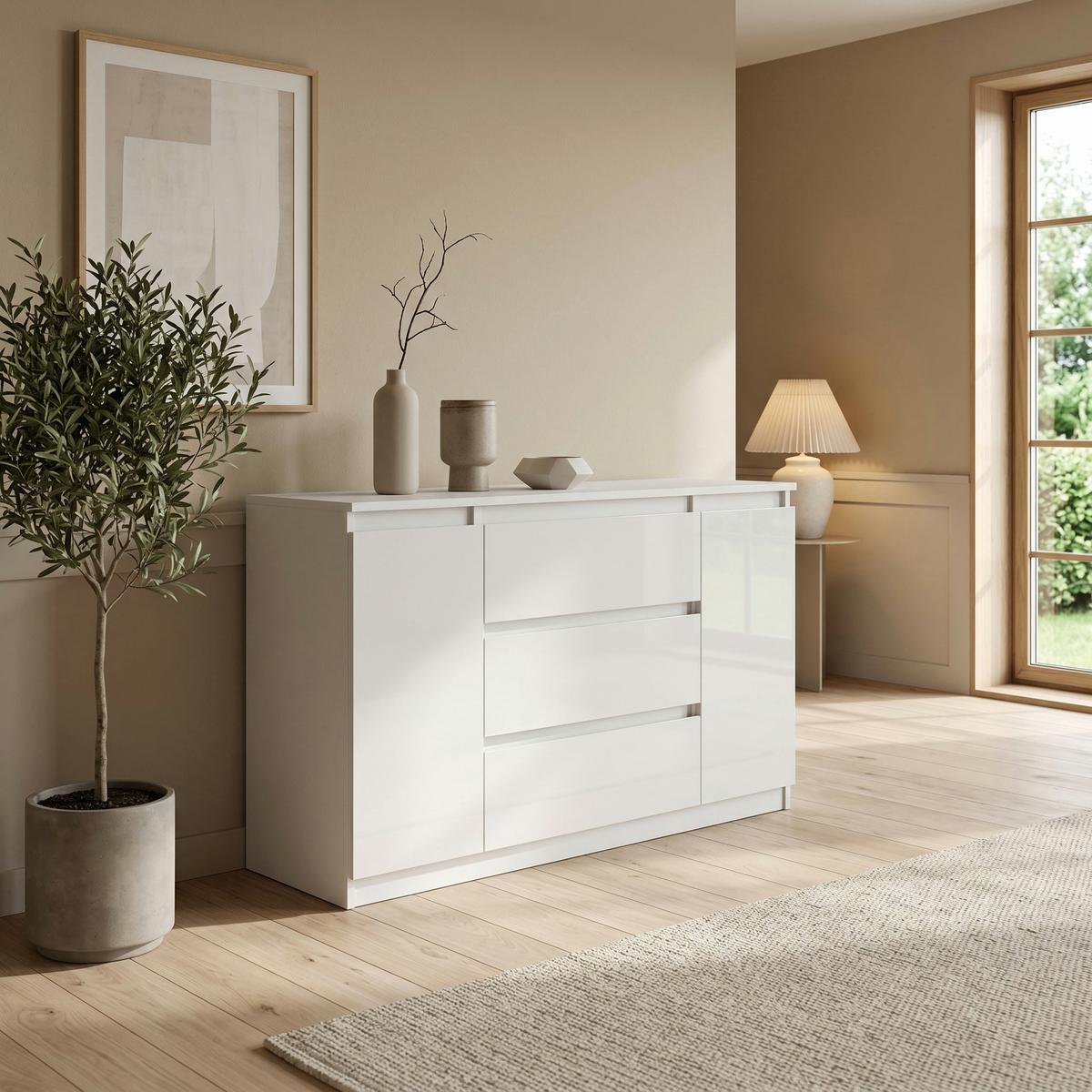 KOMMODE NUDO 120/78,5/39cm mit 3 Schubladen 2 Türen Weiß - Weiß Hochglanz/Weiß, Holzwerkstoff (120/78.5/39cm) - MASSENO