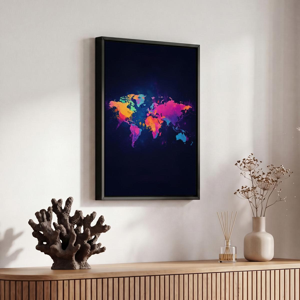 LEINWAND Bilder mit Rahmen - Weltkarte - Bunt - Graffiti - 20x30 - Multicolor, Textil (20/30cm) - MuchoWow