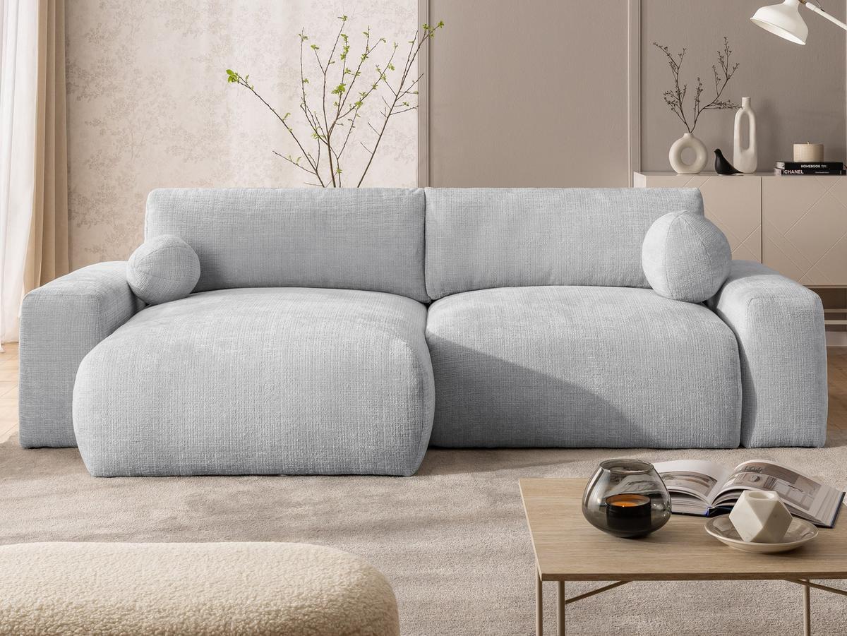 ECKSOFA Puffy mit Schlaffunktion und Bettkasten - besonders weich und puffig aus Hellgrau Chenille-Stoff - Ottomane links - Hellgrau/Schwarz, Holz/Kunststoff (138/266cm) - S-Style Möbel