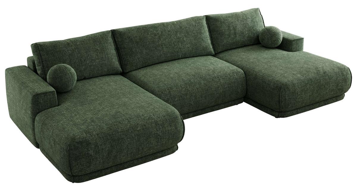 WOHNLANDSCHAFT RINA U Dunkelgrün Schenille grob gewebt - Dunkelgrün/Schwarz, Kunststoff/Textil (360/85/170cm) - MKS