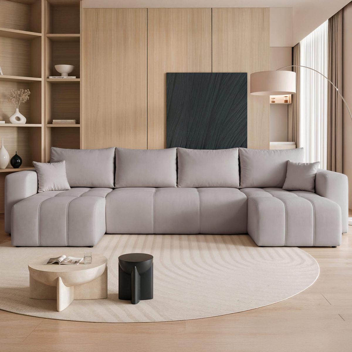WOHNLANDSCHAFT PEDRO mit Schlaffunktion und Bettkasten Hellgrau - Grau, Holzwerkstoff/Textil (318/79/145cm) - Idohome