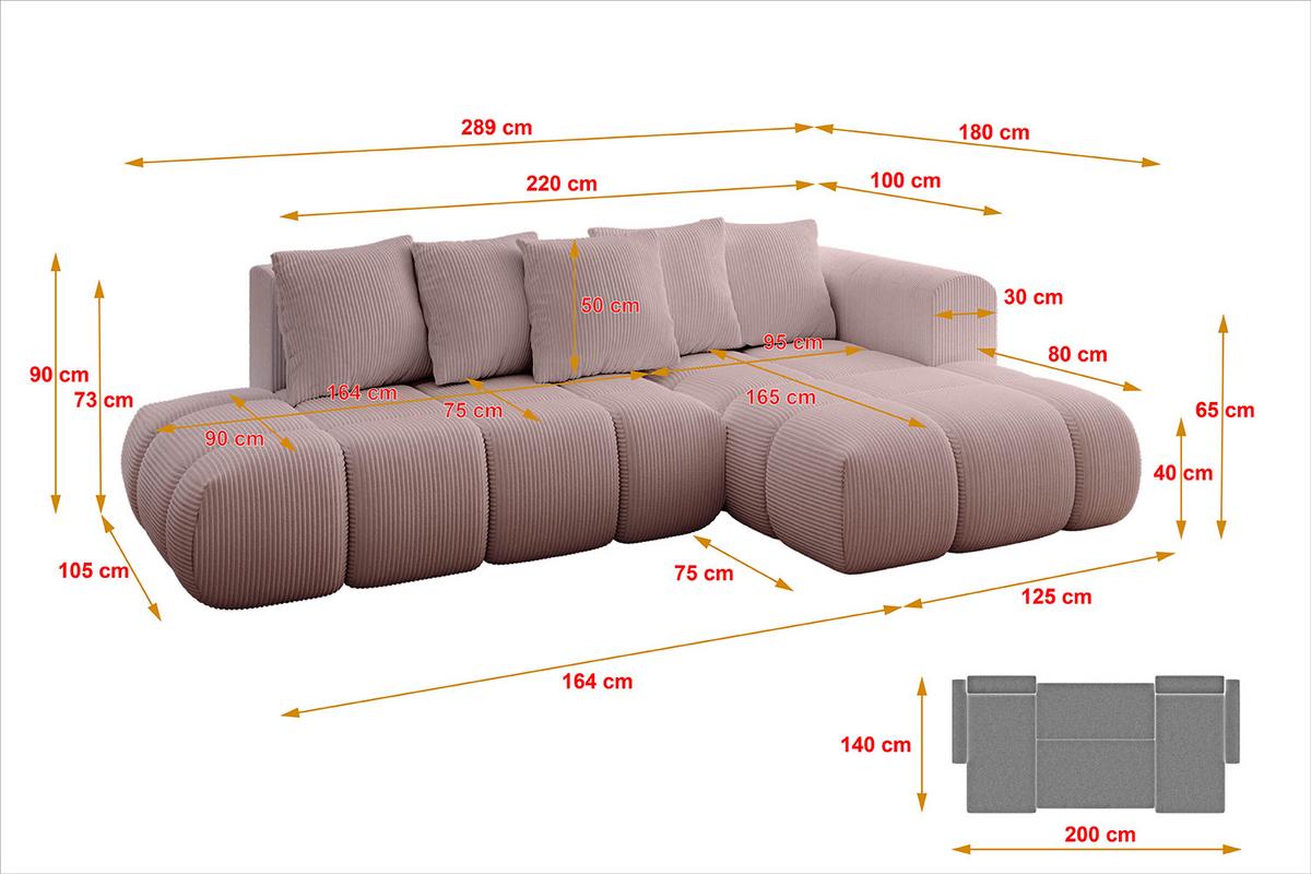 ECKSOFA Ottomane Rechts CLOUD-L-v1 280x185x90 Rosa Cord - Rosa, Holzwerkstoff/Kunststoff (185/280cm) - ALTDECOR