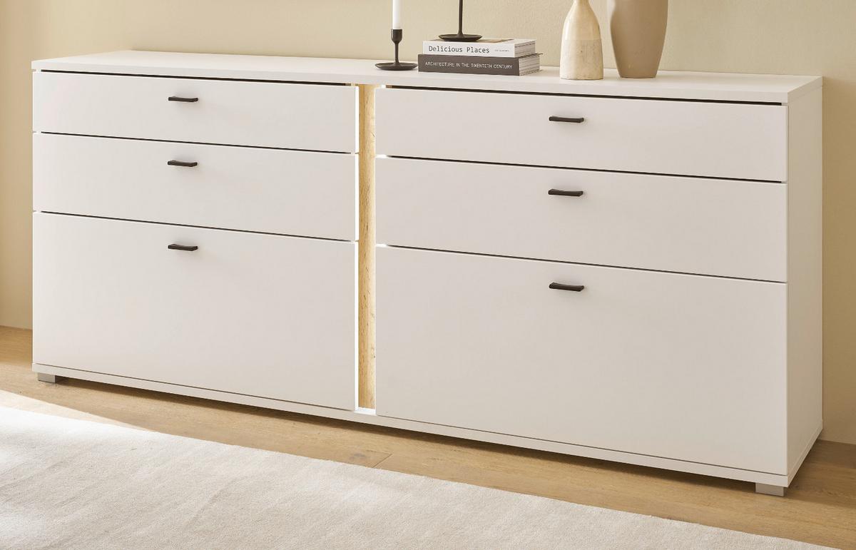 SIDEBOARD weiß matt, Eiche Wotan 200 cm, Kommode inklusive Frontbeleuchtung - Eiche Wotan/Silberfarben, Holzwerkstoff/Kunststoff (200/86/42cm) - Furn.Design