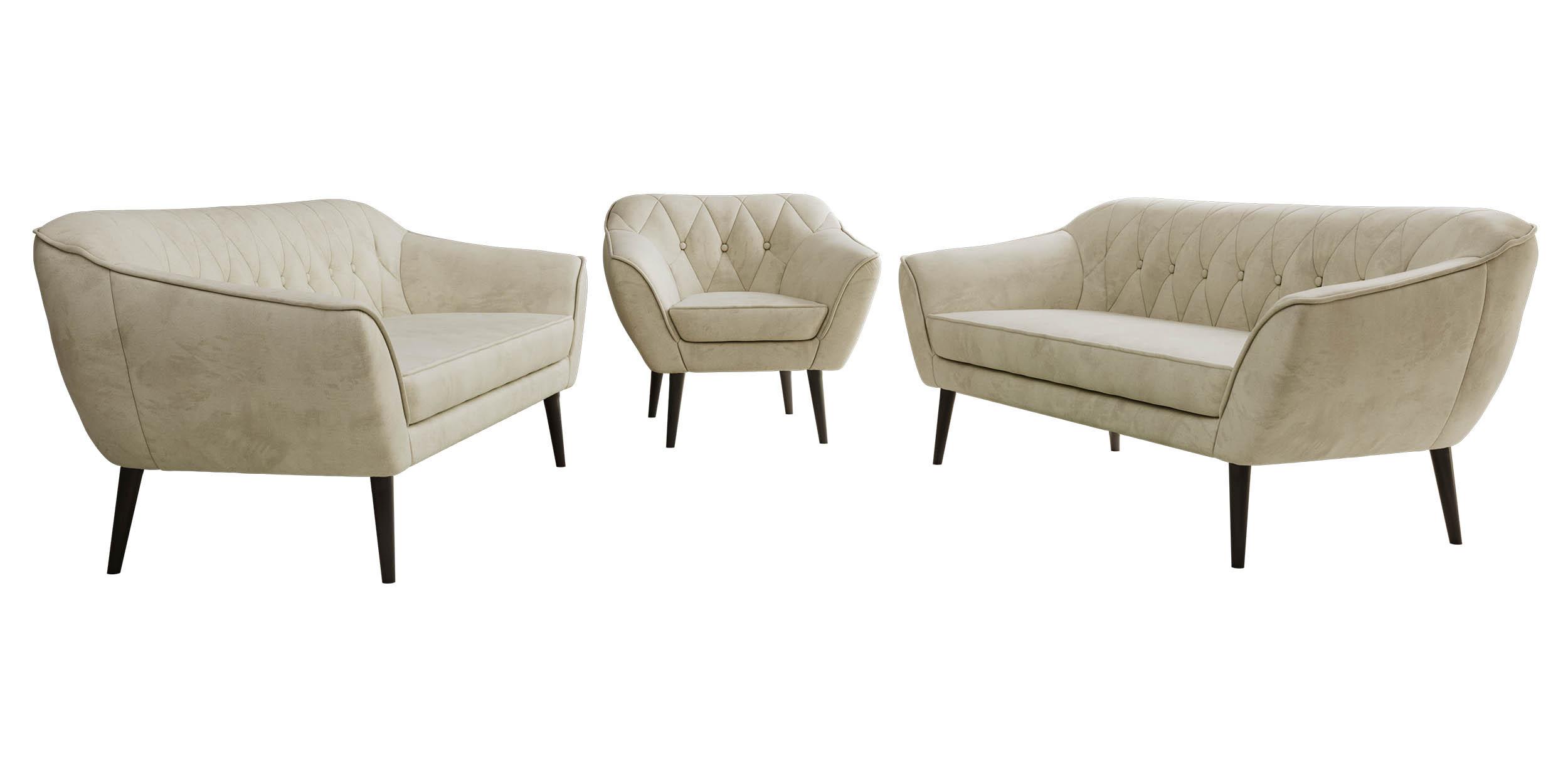 SITZGARNITUR PIRS 3+3+1 - Beige Velvet - Schwarze Beine - Beige/Schwarz, Holzwerkstoff/Textil (180/75/74cm) - MKS