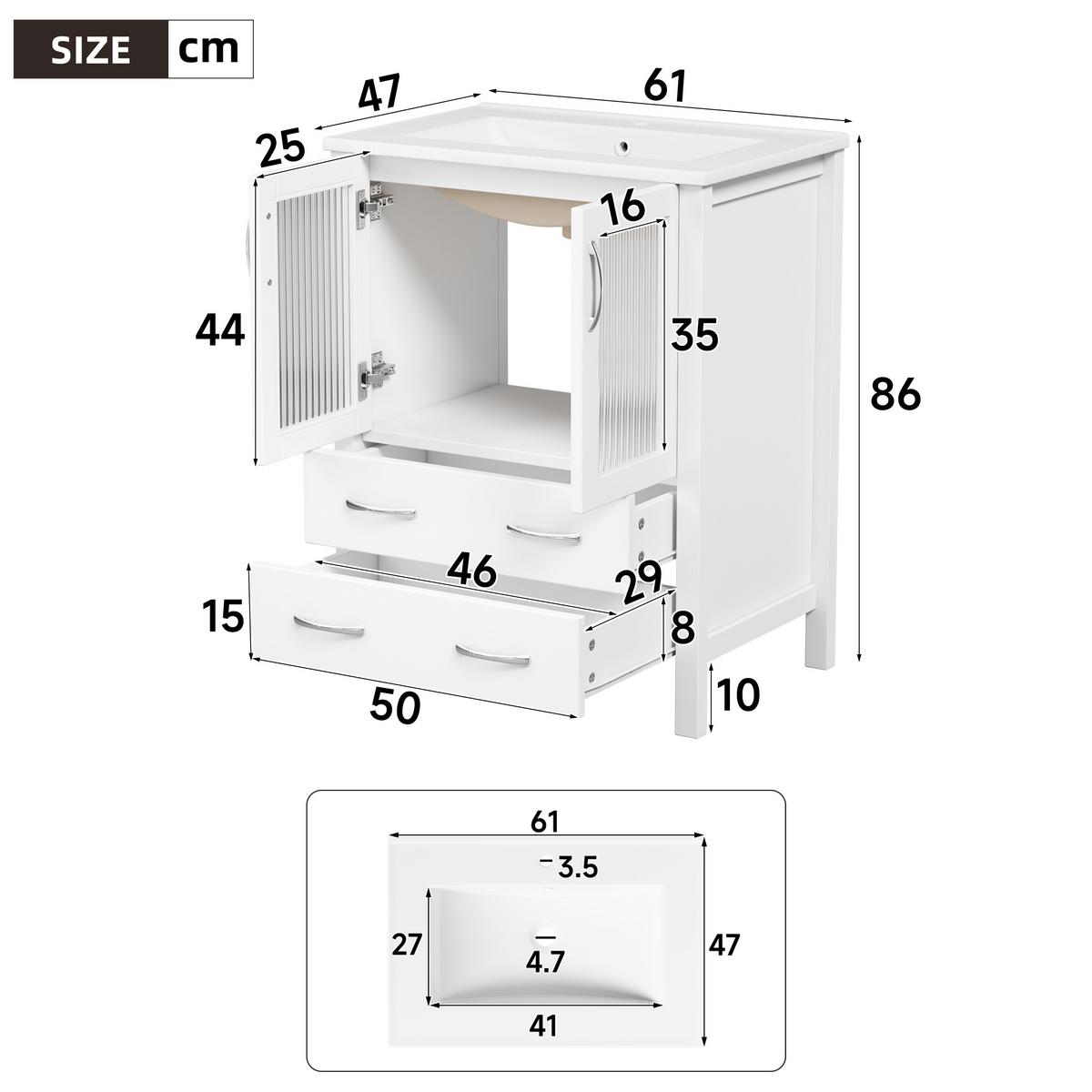 WASCHTISCHUNTERSCHRANK Hochglanz-Weiß mit Keramikbecken & Riffelglas - Weiß, Holzwerkstoff (61/86/47cm) - Urban Meuble