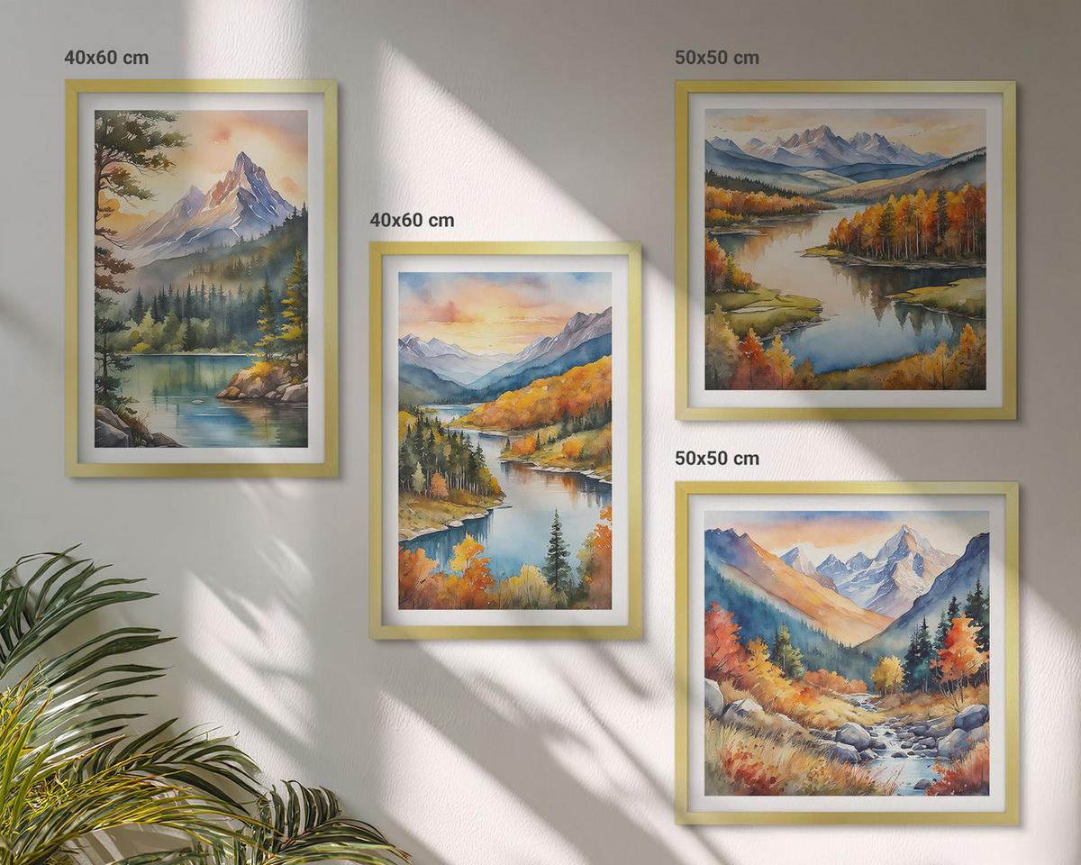 BILDER SET 4er Set - 50x50 cm & 40x60 cm Goldrahmen - Berglandschaften mit einem Fluss - Goldfarben, Kunststoff (50/50cm) - TULUP