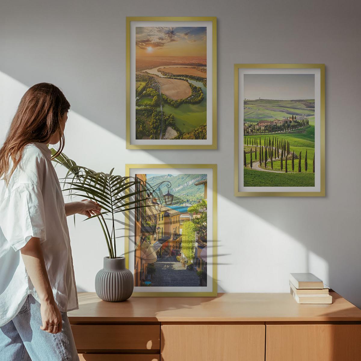 BILDER SET 3er Set - 40x60 cm Goldrahmen - Italienische Landschaften, Flussstraße - Goldfarben, Kunststoff (40/60cm) - TULUP