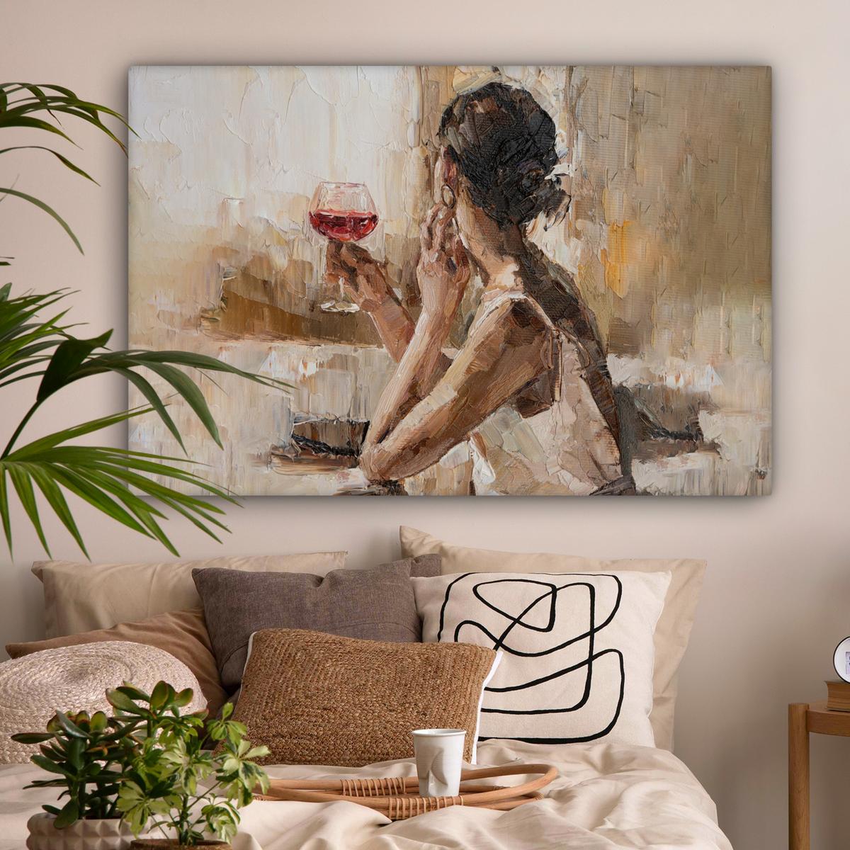 LEINWANDBILD Ölgemälde - Frau - Wein XXL 150x100 cm - Hellbraun, Textil (150/100cm) - MuchoWow