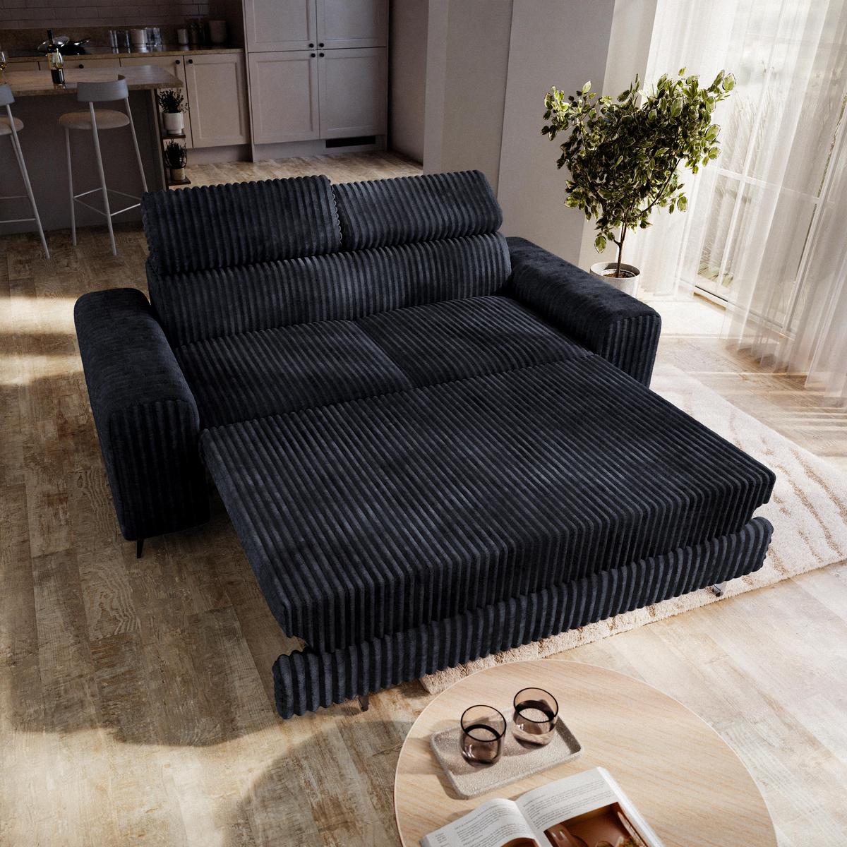 BETTSOFA BENETE Schwarz Cordstoff mit Schlaffunktion - Schwarz, Holz/Textil (191/89/92cm) - MASSENO