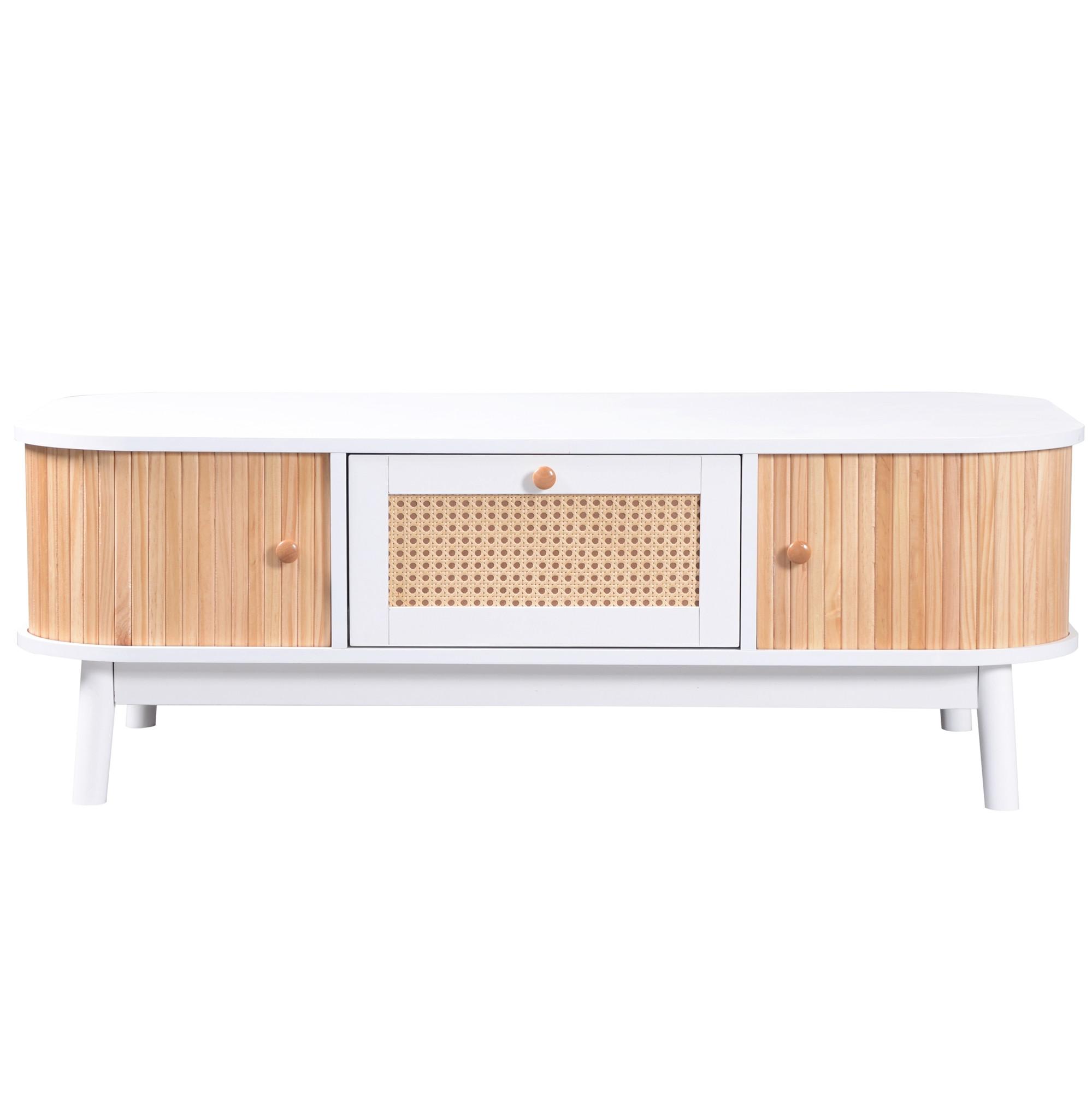 COUCHTISCH weiß & holz-optik mit rattan-schublade & massivholz-schiebetüren - Weiß, Holzwerkstoff (55/110/38.5cm) - Urban Meuble