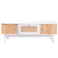 COUCHTISCH weiß & holz-optik mit rattan-schublade & massivholz-schiebetüren - Weiß, Holzwerkstoff (55/110/38.5cm) - Urban Meuble