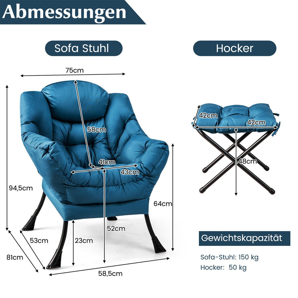 SESSEL mit Hocker Blau - Blau, Kunststoff (81/94.5/75cm) - COSTWAY