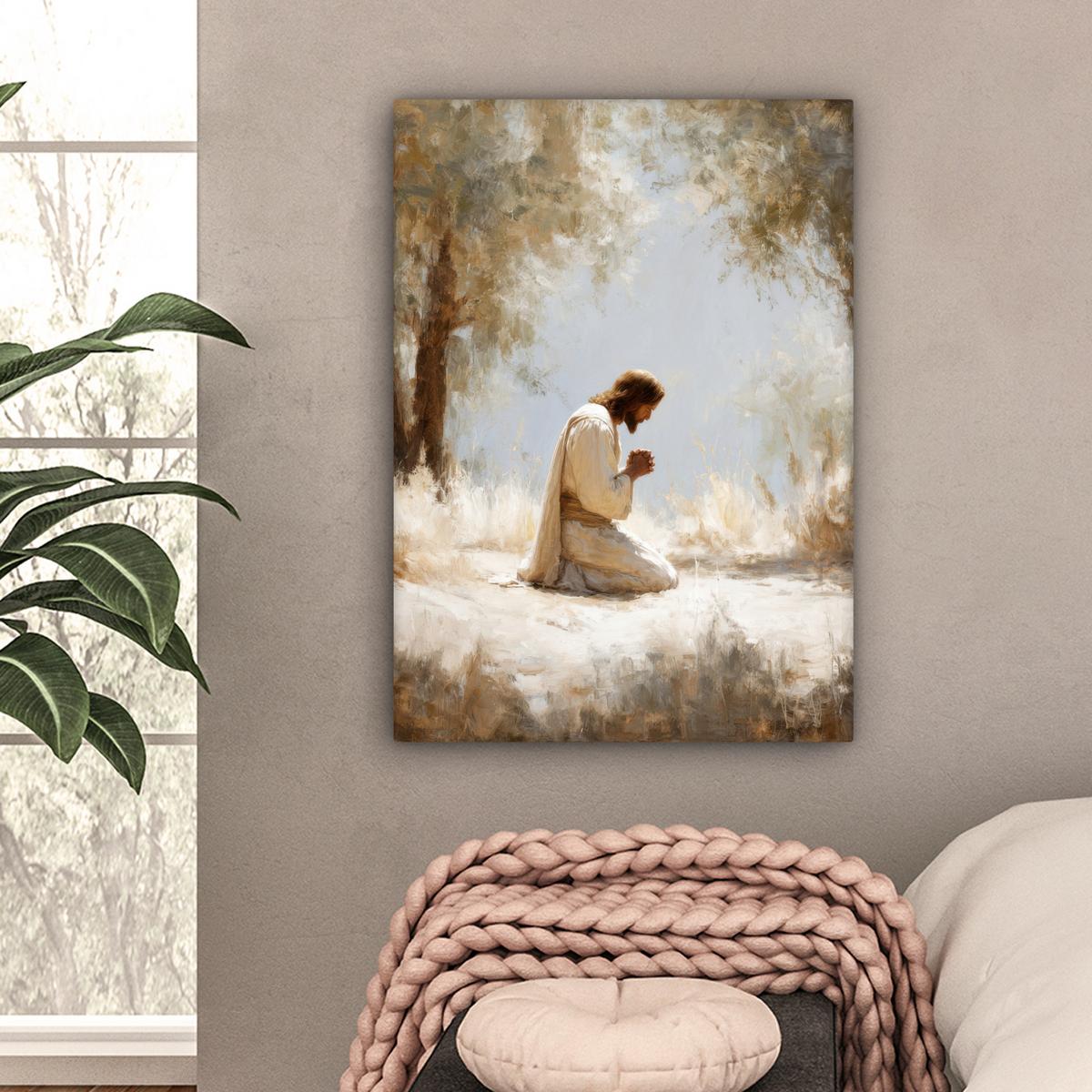 LEINWANDBILD Jesus - Kniend - Waldlandschaft - Betend Wandbild Wohnzimmer 60x80 cm - Beige/Hellblau, Textil (60/80cm) - MuchoWow