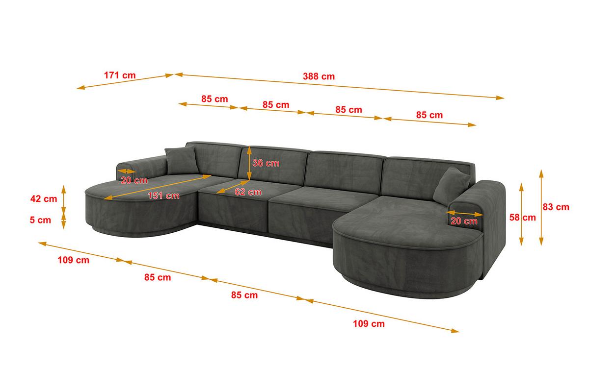 WOHNLANDSCHAFT MARI-U2-v3 - 388x171x83 cm Dunkelgrau Velours - Dunkelgrau/Schwarz, Holzwerkstoff/Kunststoff (388/83/171cm) - ALTDECOR