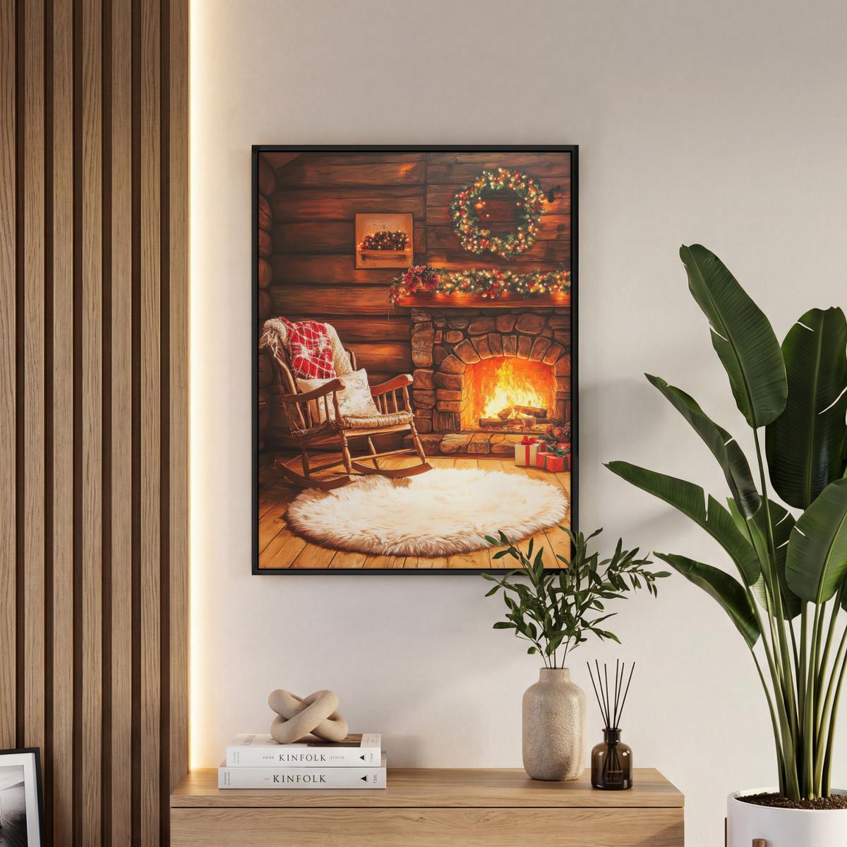 LEINWAND Bilder mit Rahmen - Winter - Weihnachten - Zuhause - Kamin - 50x70 - Bernsteinfarben, Textil (50/70cm) - MuchoWow
