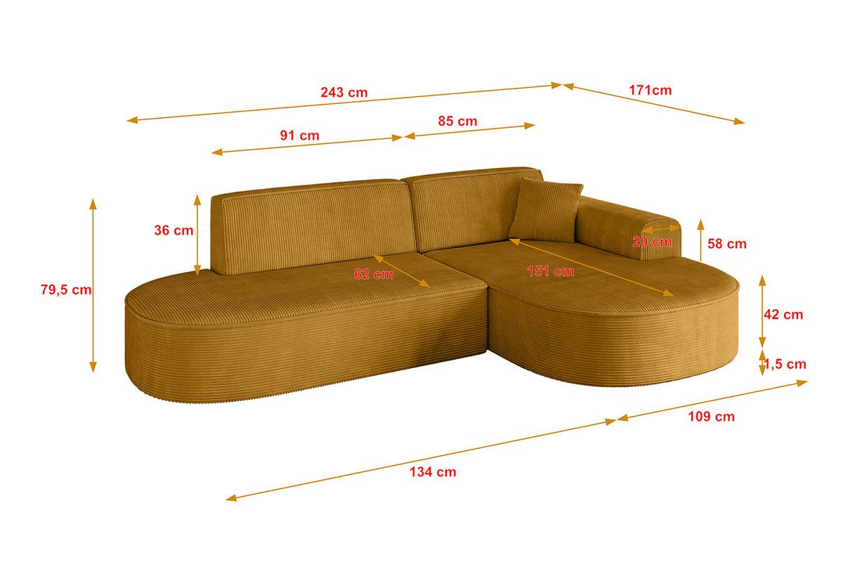 ECKSOFA Ottomane Rechts MARI-L1 - 243x171x79 cm Senfgelb Cord - Gelb/Schwarz, Holzwerkstoff/Kunststoff (234/163cm) - ALTDECOR