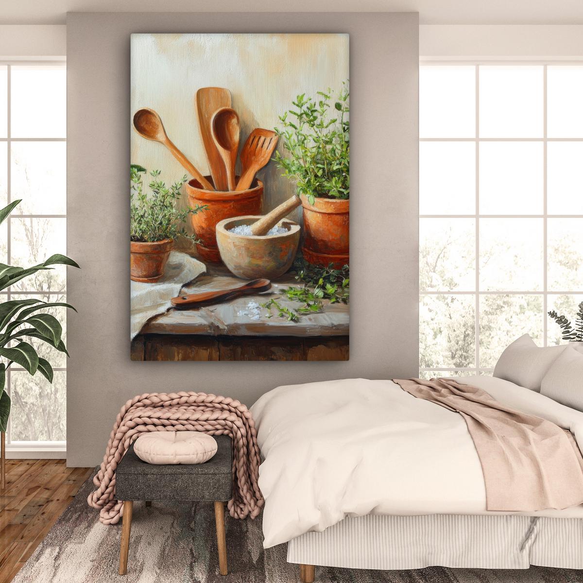 LEINWANDBILD Töpfe - Kräuter - Holz Deko Groß 90x140 cm - Terracotta, Textil (90/140cm) - MuchoWow
