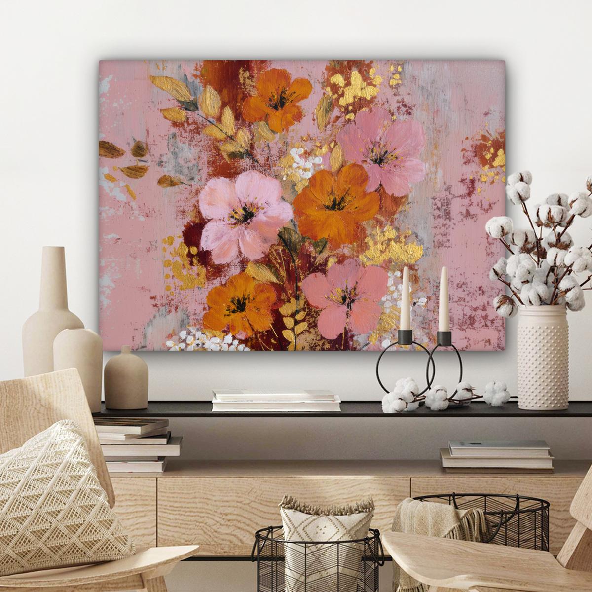 LEINWANDBILD Malerei - Blumen - Rustikal - Rosa Wandbilder 80x60 cm - Altrosa, Textil (80/60cm) - MuchoWow