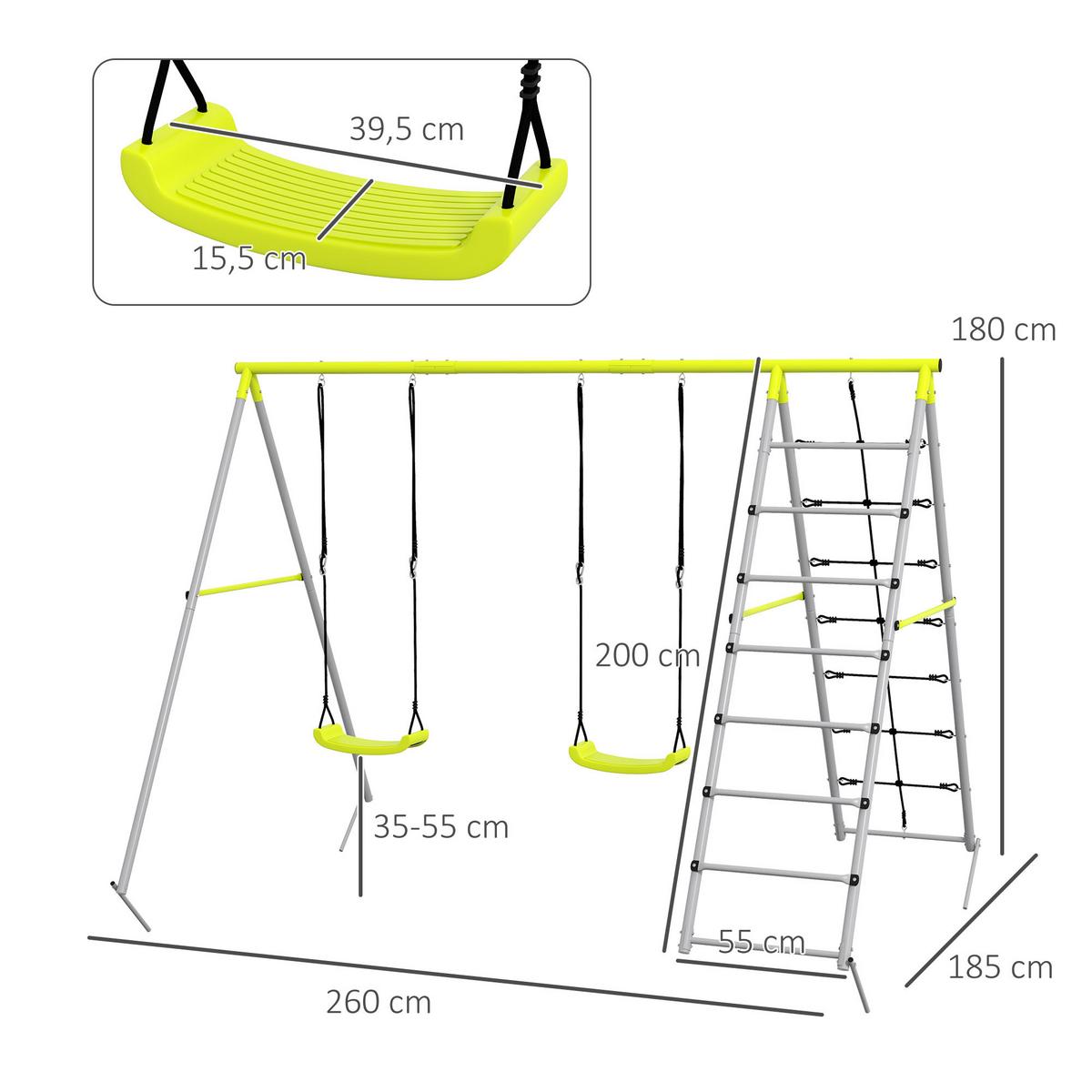 KINDERSCHAUKEL-SET, Kletternetz, Sprossenleiter, für 3-8 Jahre, wetterfest, Grün - Grün, Kunststoff/Metall (185/260cm) - Outsunny