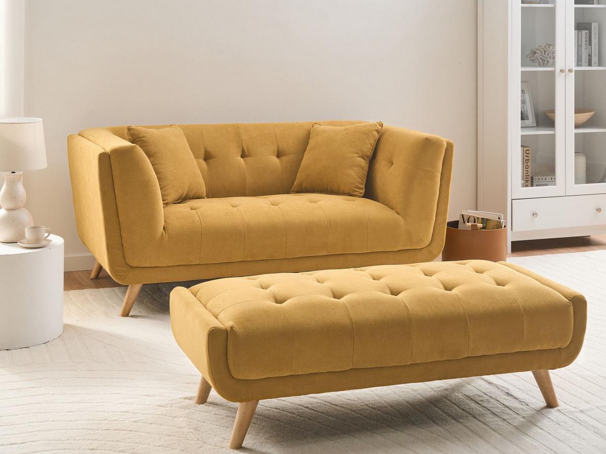 2-SITZER-SOFA Stoff Senfgelb mit Ottomane Habo - Hellbraun, Textil (176/78/72cm) - Beliani