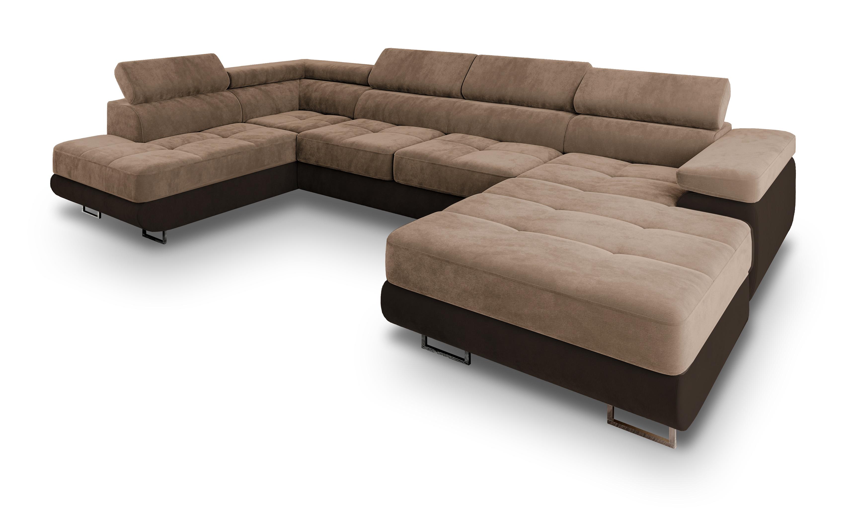 WOHNLANDSCHAFT CASONE L-S Beige Velours-Stoff mit Schlaffunktion - Beige/Silberfarben, Holz/Textil (345/90/202cm) - MASSENO