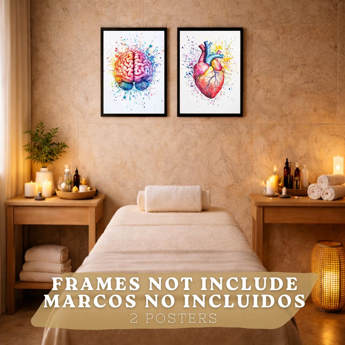 POSTER Set aus 2 Anatomie Drucke und Wandbilder mit Gehirn und Herz Künstlerische Mehrfarbig Aquarell Illustration Wanddekoration Größe Rahmenlos A3 - Klar, Papier (29.7/42/3cm) - Nacnic